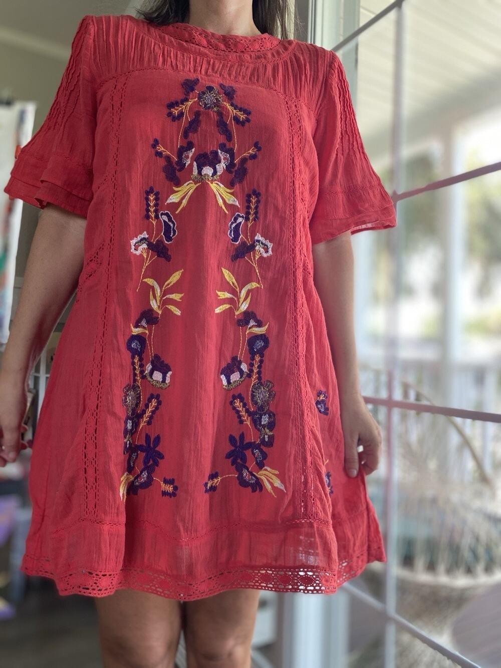 Free People Bell Sleeve Embroidered Red Dress Boho Festival Peasant Style SP